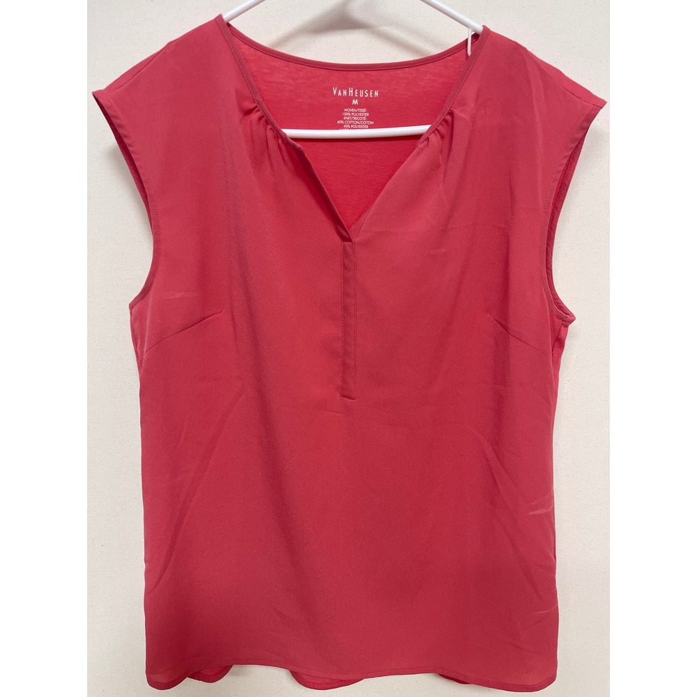 Van Heusen Womens Pink Split Neck Mixed Media Sleeveless Blouse Size M